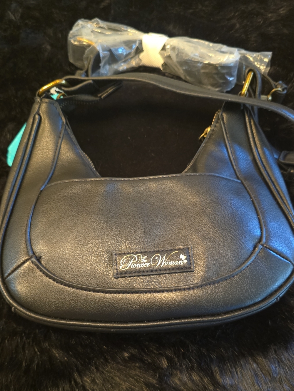 The Pioneer Woman Black Faux Leather Shoulder Bag with Gold Hardware